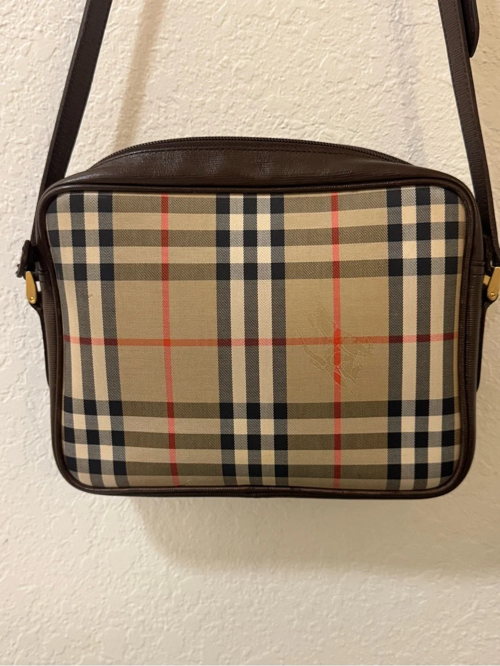 Burberry Beige Nova Check Brown Leather Messenger Bag